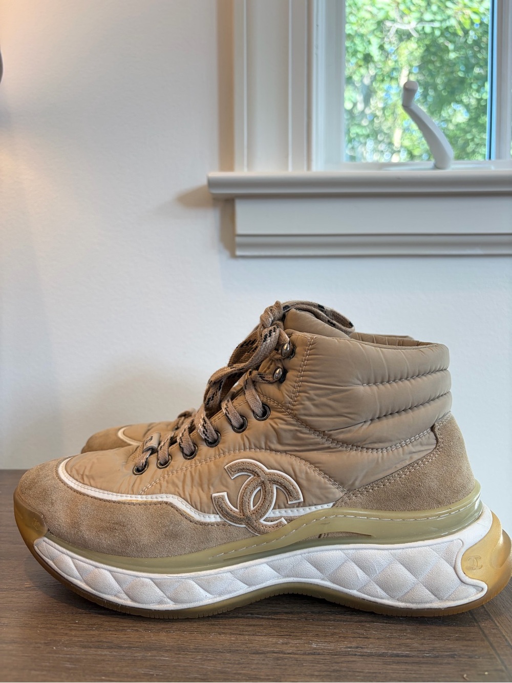 CHANEL Taupe Quilted High-Top Sneakers